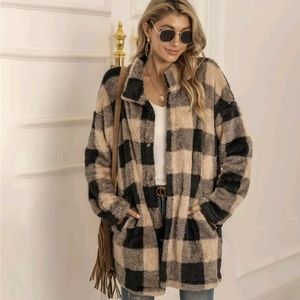 Sherpa Fleece Sweater Coat Plaid Teddy Cardigan